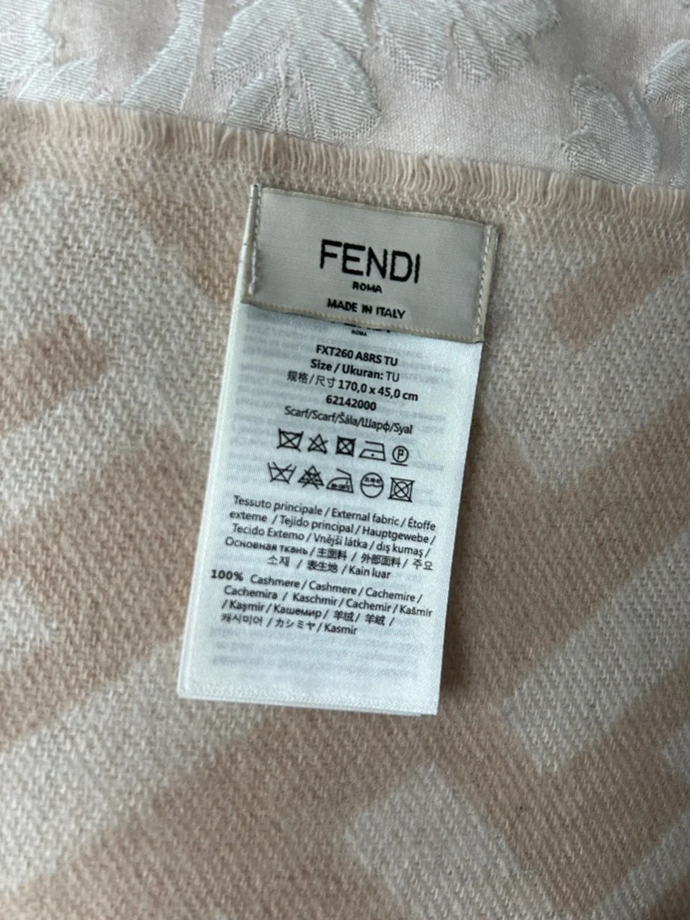 7031. Fendi 100% Cashmere Beige & Ivory Logo Fringe Scarf/Wrap - Picture 5 of 11
